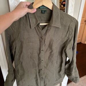 Vintage Ralph Lauren 100% Linen Olive Green Woman’s  Shirt